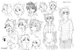 1boy animal_ears artist_name character_name closed_mouth commentary english_commentary fang furry furry_male glasses greyscale hood hood_down hoodie koiyaroid male_focus monochrome morenatsu morenatsu:_homecoming multiple_views open_mouth shun_kodori sketch tail wolf_boy wolf_ears wolf_tail