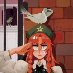 1other 2girls beret bird blue_eyes braid curtained_hair green_hat green_vest grmarsa hat hat_ornament highres hong_meiling kirisame_marisa long_hair multiple_girls outdoors pigeon red_hair sack_behind_back salute scarlet_devil_mansion signature solo_focus squeans star_(symbol) star_hat_ornament touhou twin_braids upper_body vest