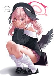 1girl absurdres bag bandaid bandaid_on_leg bare_shoulders black_shoes blue_archive blush ch1ckpyo charm_(object) closed_mouth crying crying_with_eyes_open ear_blush feathered_wings full_body highres knees koharu_(blue_archive) loli looking_at_viewer loose_socks pink_eyes pink_hair pout shadow shoes snail_charm socks solo squatting tears white_background wings