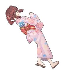 1girl aa211108 blunt_bangs blush brown_eyes brown_hair dot_nose dutch_angle eyelashes floral_print floral_print_kimono flower foot_up from_behind hair_flower hair_ornament hand_fan highres idolmaster idolmaster_cinderella_girls idolmaster_cinderella_girls_starlight_stage japanese_clothes kimono long_hair looking_back obi obi_bow ogata_chieri open_mouth pink_kimono print_kimono sandals sash sidelocks smile solo thick_outlines twintails walking white_background