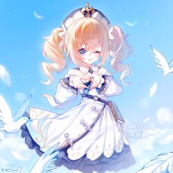 1girl ;d barbara_(genshin_impact) bird blonde_hair blue_eyes blue_sky blush commentary_request day double-parted_bangs dove dress genshin_impact hair_between_eyes hat highres lens_flare lofter_username looking_at_viewer mibai_yume one_eye_closed open_mouth sky smile solo translation_request twintails