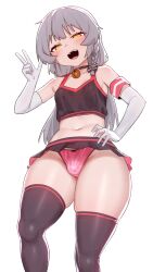 1boy absurdres bare_shoulders bell black_skirt black_thighhighs bulge elbow_gloves feet_out_of_frame gloves grey_hair hand_on_own_hip hand_up highres ikr_(artist) jingle_bell long_hair male_focus midriff navel neck_bell open_mouth panties pink_panties simple_background skirt smile solo standing stomach thighhighs tongkkangi tongkkangi_(streamer) trap underwear w white_background white_gloves yellow_eyes