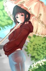 1girl absurdres back_peek black_hair blue_pants blue_sky blurry blurry_background bob_cut breasts brown_eyes bush commentary cowboy_shot day denim depth_of_field foliage from_behind hand_in_pocket highres holding holding_umbrella hood hood_down hoodie jeans light_blush looking_at_viewer looking_back meemz_a nakahara_misaki nhk_ni_youkoso! outdoors pants parasol parted_lips red_hoodie romaji_commentary short_hair sky small_breasts solo standing tree umbrella upturned_eyes