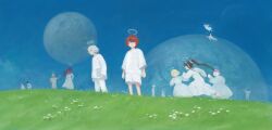 6+boys 6+girls absurdres ahoge amemiya_darumi aotsuki_eito black_hair black_streaks blonde_hair blue_hair blue_sky book braid chinese_commentary dress everyone field flying ginzaki_shouma grey_hair halo highres holding holding_book kawana_tsubasa long_hair magadori_kyoshika maruko_gaku mojiro_moko moon multicolored_hair multiple_boys multiple_girls omokage_yugamu oosuzuki_kurara planet ponytail procreate_(medium) purple_hair red_hair robe shenghuotui_xingxing shion_(hundred_line) shirt shizuhara_hiruko short_hair shorts sky smile spoilers streaked_hair sumino_takumi the_hundred_line_-last_defense_academy- tsukumo_ima tsukumo_kako twin_braids white_dress white_hair white_robe white_shirt white_shorts wings yakushiji_takemaru