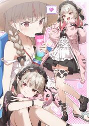 1girl :d absurdres alternate_costume alternate_hairstyle bandaid black_bow black_dress black_footwear blonde_hair bow braid can closed_mouth clothing_cutout colored_inner_hair dress energy_drink english_text fang fishnet_socks fishnets full_body hair_bow heart highres holding holding_can holding_stuffed_toy jacket leg_tattoo long_sleeves maid_headdress makaino_ririmu makaino_ririmu_(3rd_costume) makaino_ririmu_(5th_costume) multicolored_hair multiple_views nijisanji official_alternate_costume official_alternate_hairstyle open_clothes open_jacket open_mouth pill pink_background pink_eyes pink_hair pink_jacket pointy_ears shoes short_hair sitting sleeves_past_wrists smile socks speech_bubble standing streaked_hair stuffed_toy tattoo thigh_strap tongue twintails two-tone_hair virtual_youtuber white_dress yukie_(kusaka_shi)
