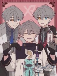 3boys :d ^_^ amanatsu_(amanatu5069) black_gloves black_sclera black_shirt blue_eyes blue_necktie blue_ribbon closed_eyes coat colored_sclera furrowed_brow gloves grey_gloves grey_hair grey_shirt hand_up hands_up heterochromia highres id_card looking_at_another mismatched_sclera multiple_boys multiple_persona neck_ribbon necktie open_mouth pink_background reverse:1999 ribbon shirt short_hair smile sweat watermark white_coat x_(reverse:1999) yellow_eyes