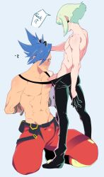 Rule 34 | 2boys, abs, arms behind back, belt, belt pouch, black belt, black gloves, black pants, blue eyes, blue hair, blush, boots, bound, bound arms, collarbone, domination, english text, erection, flying sweatdrops, full body, galo thymos, gloves, green hair, groin, hair behind ear, hand in another&#039;s hair, kukumomo, lio fotia, looking at penis, male focus, multiple boys, navel, nervous sweating, nipples, open pants, pants, parted lips, pectorals, penis, pouch, promare, red pants, short hair, simple background, speech bubble, standing, sweat, toned, toned male, topless male, white background, yaoi