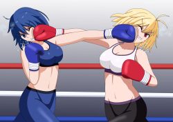 2girls ahoge arcueid_brunestud battle blonde_hair blue_eyes blue_hair boxing_gloves boxing_ring boxing_shorts breasts ciel_(tsukihime) cleavage crosscounter double_face_punch face_punch fighting gym_uniform hiromon in_the_face large_breasts multiple_girls navel punching red_eyes short_hair shorts tank_top tsukihime tsukihime_(remake)
