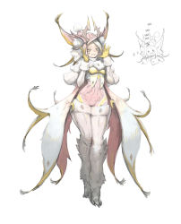 1girl agoto animal_ears boots coat covered_navel full_body fur fur_boots gloves hat helmet highres navel skin_tight solo standing teeth thigh_boots white_background white_coat white_hair yellow_eyes yellow_gloves