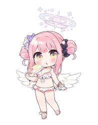 1girl :o angel_wings bikini black_scrunchie blue_archive blush bracelet breasts cleavage commentary_request double_bun feathered_wings food full_body hair_bun hair_ornament hair_scrunchie halo highres holding holding_food holding_popsicle jewelry kano_hito long_hair looking_at_viewer low_wings mika_(blue_archive) navel open_mouth pink_hair pink_halo popsicle sandals scrunchie simple_background solo standing swimsuit white_background white_bikini white_sandals wings