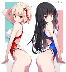 2girls arched_back arm_up artist_name ass black_hair blonde_hair blue_one-piece_swimsuit breasts closed_mouth commentary_request curvy from_side hair_ribbon highleg highleg_one-piece_swimsuit highres hong_(white_spider) inoue_takina large_breasts long_hair looking_at_viewer lycoris_recoil medium_breasts multiple_girls nishikigi_chisato one-piece_swimsuit one_side_up patreon_username purple_eyes red_eyes red_one-piece_swimsuit red_ribbon ribbon short_hair smile swimsuit thighs