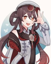 Rule 34 | 1girl, :d, beret, brown hair, eyewear on head, grey hat, grey shirt, hair between eyes, hair rings, hand up, hat, highres, honkai: star rail, honkai (series), hu tao (cherries snow-laden) (genshin impact), hu tao (genshin impact), long hair, long sleeves, looking at viewer, official alternate costume, open mouth, orange eyes, rimu (rim aknk), round eyewear, shirt, smile, solo, sunglasses, twintails, upper body, very long hair, wrist cuffs