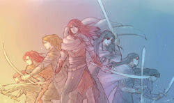 Rule 34 | 6+boys, amputee, amras, amrod, armor, artist name, black hair, blonde hair, braid, brothers, cape, caranthir, celegorm, closed mouth, curufin, elf, floating clothes, floating hair, gloves, holding, holding sword, holding weapon, long hair, maedhros, maglor, male focus, mintkim, multiple boys, pointy ears, ponytail, prince, profile, red hair, siblings, signature, sword, the silmarillion, tolkien&#039;s legendarium, twin braids, twins, weapon