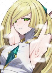Rule 34 | 1girl, absurdres, armpits, blonde hair, green eyes, highres, kotou192, long hair, looking at viewer, lusamine (pokemon), nintendo, pokemon, pokemon sm, smile, solo, steam, swept bangs, white background