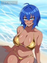 1girl absurdres ahoge beach bikini blue_eyes blue_hair dark-skinned_female dark_skin freckles gold_bikini golden_week golden_week_bikini highres lowleg lowleg_bikini ludinsketches multi-strapped_bikini_bottom ocean original sand short_hair solo sweat swimsuit tara_(ludinsketches) water