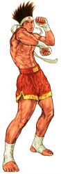 1boy ankle_wrap brown_eyes brown_hair capcom_vs_snk fatal_fury game_cg hachimaki hand_wraps hands_up headband highres japanese_flag joe_higashi looking_at_viewer male_focus mongkhon muay_thai nishimura_kinu non-web_source official_art parted_lips simple_background solo teeth the_king_of_fighters topless_male upper_teeth_only v-shaped_eyebrows white_background white_headband