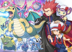 1boy 1girl age_difference aipom attack bag black_cape blue_overalls blush bow breath_weapon brown_eyes brown_hair cape clenched_teeth clothed_pokemon dragon dragonite drowzee espeon gen_1_pokemon gen_2_pokemon hand_on_another&#039;s_head hat hat_bow koffing lance_(pokemon) long_hair lyra_(pokemon) magnemite nintendo open_mouth orange_bag overalls pokemoa pokemon pokemon_(creature) pokemon_hgss rattata red_bow red_hair spiked_hair teeth tongue twintails venonat white_headwear zubat