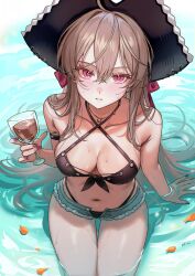 1girl absurdres ariko_(aaaaarik) azur_lane bikini black_bikini black_hat blush breasts brown_hair cleavage commentary cross-laced_bikini cross-laced_clothes cup denim denim_shorts english_commentary eyelashes hair_between_eyes hat highleg highleg_bikini highres holding holding_cup jean_bart_(azur_lane) jean_bart_(private_apres_midi)_(azur_lane) long_hair looking_at_viewer medium_breasts micro_shorts nail_polish petals pink_eyes pirate_hat red_nails ribbon ripples shorts sitting solo sparkle swimsuit very_long_hair water wet