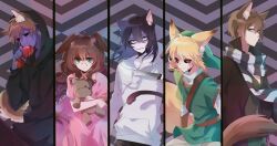Rule 34 | 1girl, 4boys, 779762391 (lofter), ahoge, animal ear fluff, animal ears, antenna hair, bags under eyes, ben drowned, black background, black blood, black hoodie, black pants, black scarf, black sclera, black tail, blonde hair, blood, blood from forehead, bloody tears, blue eyes, blue skin, brothers, brown coat, brown gloves, brown hair, brown tail, cat boy, cat ears, cat tail, chinese commentary, closed mouth, coat, collared coat, colored sclera, colored skin, column lineup, commentary request, cowboy shot, creepypasta, dog boy, dog ears, dog girl, dog tail, drawstring, dress, eating, extra ears, eyeless jack, fox boy, fox ears, fox tail, glasgow smile, gloves, green eyes, green hat, green shirt, grey pants, hat, highres, holding, holding knife, holding organ, holding stuffed toy, hollow eyes, homicidal liu, hood, hood down, hood up, hoodie, jeff the killer, kemonomimi mode, kidney, knife, layered sleeves, link, long hair, long sleeves, looking at viewer, medium hair, multiple boys, nintendo, open clothes, open coat, pants, patterned background, pink dress, pointy ears, puffy long sleeves, puffy sleeves, purple background, red eyes, sally williams, scarf, shaded face, shirt, short hair, short over long sleeves, short sleeves, siblings, simple background, sitting, smile, standing, striped clothes, striped scarf, stuffed animal, stuffed toy, tail, teddy bear, the legend of zelda, two-tone background, two-tone scarf, v-neck, v-shaped eyebrows, very long hair, wavy hair, white hoodie, white scarf, white skin, yellow tail