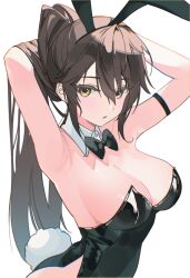 1girl animal_ears arm_strap armpits arms_behind_head arms_up artist_request bare_shoulders black_hairband black_leotard bow bowtie breasts brown_hair cleavage closers commentary_request commission detached_collar fake_animal_ears fake_tail genderswap genderswap_(mtf) hairband highleg highleg_leotard highres korean_commentary leotard long_hair looking_at_viewer medium_breasts parted_lips playboy_bunny ponytail rabbit_ears rabbit_tail seri_lee simple_background solo strapless strapless_leotard tail upper_body very_long_hair white_background yellow_eyes