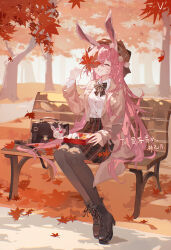 Rule 34 | 1girl, absurdres, animal ears, autumn leaves, bag, bench, bento, boots, bow, bowtie, brown bow, brown bowtie, brown jacket, brown pantyhose, brown skirt, casual, closed eyes, collared shirt, food, fox ears, full body, grin, highres, honkai (series), honkai impact 3rd, jacket, lace-up boots, leaf, lixiang guo alice, long hair, long sleeves, maple leaf, onigiri, outdoors, pantyhose, pink hair, plaid clothes, plaid skirt, shirt, shoulder bag, skirt, smile, solo, teeth, tree, white shirt, yae sakura