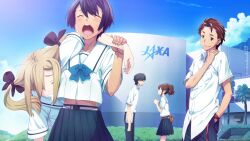 2boys 3girls arm_around_neck belt belt_buckle black_bow black_hair blonde_hair blue_bow blue_pants blue_skirt blue_sky blue_stripes blush bob_cut bow breasts brown_eyes brown_hair buckle bush carrying carrying_person chest_bow chuo_tanegashima_high_school_uniform clenched_hands closed_eyes cloud collarbone collared_shirt cropped_shirt daitoku_junna dark-skinned_female dark_skin day exasperation exhausted fukuda_tomonori game_cg grass hair_between_eyes hair_bow hand_on_own_shoulder hidaka_subaru high-waist_skirt high_ponytail highres holding_another&#039;s_wrist jaxa koujiro_frau leaning_on_person midriff midriff_peek multiple_boys multiple_girls multiple_hair_bows navel non-web_source official_art outdoors palm_tree pants pleated_skirt ponytail ponytail_with_braided_base red_hair red_shirt robotics;notes sailor_collar saliva school_uniform senomiya_akiho shiny_eyes shirt shirt_under_shirt short_hair short_sleeves side-by-side sidelocks skirt sky sleeping sleeping_on_person sleeping_upright sleeves_rolled_up small_breasts smile thighs tree twintails watch white_belt white_sailor_collar white_shirt wristwatch yashio_kaito