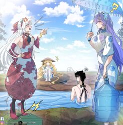 Rule 34 | +++, 1boy, 3girls, ?, alternate costume, anger vein, artist name, black hair, blonde hair, blue eyes, blue flower, blue sky, blush, bow, breasts, cantarella (wuthering waves), carlotta (wuthering waves), commentary, day, dress, earrings, english commentary, fishing, flower, hair bow, hair flower, hair ornament, hand on own hip, hat, height difference, high heels, highres, holding, holding umbrella, jewelry, large breasts, long dress, long hair, male rover (wuthering waves), medium breasts, multiple girls, nort muhehehe, outdoors, pantyhose, phoebe (wuthering waves), pink bow, pointing, pointing at another, purple hair, rover (wuthering waves), shouting, sky, squatting, squiggle, standing on object, striped bow, tiptoes, trembling, umbrella, very long hair, white dress, white hair, white pantyhose, wuthering waves
