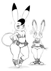 2girls ^^^ animal_ears animal_feet blush bokko_(wonder_three) commentary cosplay crossover english_commentary eric_lowery furry furry_female hand_on_own_hip highres judy_hopps judy_hopps_(cosplay) looking_at_viewer monochrome multiple_girls police police_uniform policewoman rabbit_ears rabbit_girl rabbit_tail shortstack simple_background sketch species_connection standing surprised tail trait_connection white_background wide-eyed wide_hips wonder_three zootopia