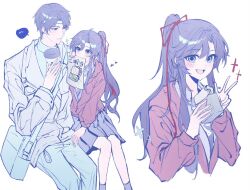 ... 1boy 1girl ahoge alternate_costume alternate_hair_length alternate_hairstyle alternate_universe bag black_hair black_shirt black_skirt black_socks blue_bag blue_headband blue_pants blue_shirt blush chinese_commentary contemporary cup deeplake_(shen_hu_zhou) disposable_cup food genderswap genderswap_(mtf) grey_eyes hair_ribbon hand_up headband heart hetero holding holding_cup holding_food holding_paper hood hood_down hooded_jacket invisible_chair jacket lan_wangji leaning_on_person long_hair long_sleeves looking_at_another looking_at_viewer modao_zushi multiple_views open_mouth pants paper parted_lips pleated_skirt ponytail red_jacket red_ribbon ribbon sandwich school_uniform second-party_source serafuku shirt short_hair shoulder_bag sidelocks simple_background sitting skirt smile socks sparkle spoken_ellipsis v w wei_wuxian white_background white_jacket
