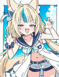 1girl animal_ears asami-chan blonde_hair blue_hair blue_nails breasts cat_ears claw_pose commentary dress english_commentary fins fish_girl fish_tail highres indie_virtual_youtuber lifebuoy_hair_ornament long_hair low_twintails multicolored_hair nail_polish navel open_mouth sameko_saba sleeveless sleeveless_dress small_breasts solo streaked_hair tail twintails very_long_hair virtual_youtuber white_dress