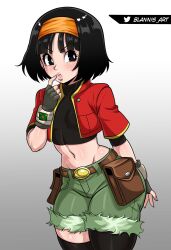 Rule 34 | 1girl, absurdres, arm at side, artist name, asymmetrical legwear, belt, black hair, black pantyhose, black shirt, black thighhighs, blannis, blue eyes, breasts, brown belt, closed mouth, cowboy shot, cropped jacket, cropped shirt, dragon ball, dragon ball heroes, eyebrows, eyelashes, female focus, fingerless gloves, fingernails, gloves, gradient background, green shorts, grey background, grey gloves, hairband, hand up, highres, index finger raised, jacket, lips, looking afar, looking to the side, matching hair/eyes, medium hair, midriff, multicolored jacket, orange hairband, pan (xeno), pantyhose, petite, red jacket, shirt, short sleeves, shorts, simple background, single thighhigh, small breasts, solo, standing, thighhighs, thighs, two-tone background, two-tone jacket, white background, yellow jacket