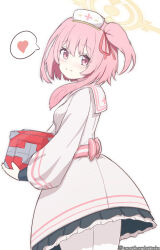 1girl anotherdetteiu blue_archive blush box closed_mouth dress feather_hair from_behind hair_between_eyes hat highres holding holding_box long_hair looking_at_viewer nurse_cap one_side_up pantyhose pink_eyes pink_hair sailor_collar serina_(blue_archive) sidelocks smile solo white_dress white_hat white_pantyhose white_sailor_collar
