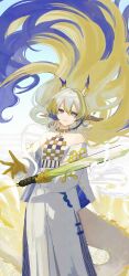 1girl absurdres adversarial_noise aqua_eyes arknights bare_shoulders blonde_hair collarbone colored_extremities commentary dragon_girl dragon_horns dragon_tail earrings feet_out_of_frame floating_hair grey_hair hair_between_eyes highres holding holding_sword holding_weapon horns jacket jewelry k-yosinori long_hair long_skirt long_sleeves looking_at_viewer multicolored_hair necklace off_shoulder parted_lips purple_hair shu_(arknights) signature skirt smile solo standing strapless sword tail tube_top very_long_hair weapon white_jacket white_skirt white_tube_top