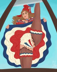 Rule 34 | 1girl, absurdres, blue sky, brown hair, brown thighhighs, clothes lift, day, dress, dress lift, flag print, french flag, french flag print, green eyes, guillotine, hat, highres, long hair, looking at viewer, mole, mole under mouth, original, outdoors, panties, phrygian cap, print panties, red hat, red lips, sanstitre2000, see-through clothes, see-through thighhighs, sky, solo, split, standing, standing on one leg, standing split, thighhighs, underwear