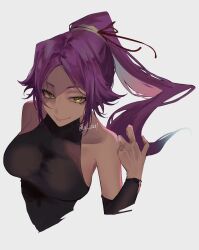 1girl artist_name bare_shoulders black_leotard bleach bleach:_sennen_kessen-hen breasts collarbone dark-skinned_female dark_skin female_focus hair_ornament large_breasts leotard long_hair ponytail purple_hair shihouin_yoruichi simple_background smile ui_1231 upper_body yellow_eyes