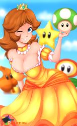 1-up_mushroom 1girl 1up ;d adapted_costume armpits bare_shoulders bent_over black_eyes blue_eyes blue_gemstone blue_sky blurry blurry_background blush body_freckles breasts brooch cleavage collarbone cowboy_shot crown day depth_of_field detached_collar downblouse dress female_focus fire_flower freckles gem glint grin hanging_breasts highres holding jewelry large_breasts long_hair looking_at_viewer mario_(series) mushroom neck nintendo off-shoulder_dress off_shoulder one_eye_closed open_mouth orange_dress parted_lips princess_daisy puffy_short_sleeves puffy_sleeves rainbowscreen short_hair short_sleeves sky smile smiley_face solo sparkle standing star_(symbol) super_star_(mario) super_leaf super_mario_bros._3 super_mario_land teeth wink yellow_dress