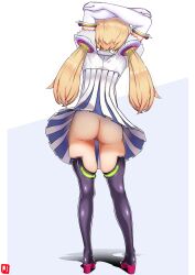 Rule 34 | 1girl, absurdres, aki rosenthal, aki rosenthal (1st costume), ass, bandaid, bandaid on pussy, black thighhighs, blonde hair, commentary request, detached hair, dress, elbow gloves, from behind, full body, gloves, grey background, highres, hololive, johnny (braun-kan cafe), low twintails, multicolored hair, solo, standing, thighhighs, twintails, two-tone hair, virtual youtuber, white gloves
