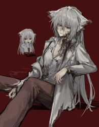 Rule 34 | 1203527227, 1girl, :/, :d, blood, blood on clothes, blood on face, bow, chest sarashi, chibi, chinese commentary, cigarette, collared shirt, commentary request, feet out of frame, fujiwara no mokou, grey hair, hair bow, highres, holding, holding cigarette, jacket, jitome, long hair, long sleeves, multiple views, narrowed eyes, open mouth, pants, red background, red eyes, red pants, sarashi, shirt, sitting, smile, smoke, solo, touhou, white bow, white jacket, white shirt