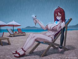 Rule 34 | 1girl, abs, ahoge, alternate costume, bikini, black sleeves, blue fire, blue hair, breasts, chair, cleavage, closed mouth, colored inner hair, commentary, content rating, detached sleeves, elizabeth rose bloodflame, english commentary, fire, fire on chest, full body, hair between eyes, hand up, highleg, highleg bikini, highres, holding, holding ice cream cone, hololive, hololive english, huge ahoge, ice cream cone, large breasts, long hair, looking at viewer, multi-strapped bikini bottom, multicolored hair, navel, on chair, outdoors, rain, red eyes, red hair, sandals, seventeencrows, side-tie bikini bottom, single detached sleeve, sitting, solo, stomach, striped bikini, striped clothes, sunglasses, swimsuit, very long hair, virtual youtuber, yellow-framed eyewear