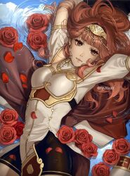 Rule 34 | 1girl, armor, arms up, black gloves, black skirt, breastplate, cape, celica (fire emblem), choker, commentary, dress, earrings, fire emblem, fire emblem echoes: shadows of valentia, flower, flower bed, from above, gloves, hair flip, hair flowing over, highres, jewelry, long hair, looking at viewer, lying, maze draws, nintendo, on back, orange eyes, orange hair, petals, princess, red eyes, red flower, red hair, red rose, ripples, rose, rose petals, skirt, solo, tiara, water, white armor, white dress