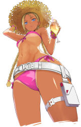 1girl abs absurdres belt bikini blonde_hair blue_eyes braid cammy_white cocktail_glass cropped_legs cup drinking_glass facial_scar front-tie_bikini_top front-tie_top hat highres looking_at_viewer looking_down loose_belt low_twin_braids official_alternate_costume pink_bikini scar scar_on_cheek scar_on_face side-tie_bikini_bottom straw_hat street_fighter street_fighter_6 swimsuit tan tanline tea_(nakenashi) twin_braids