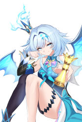 Rule 34 | 1girl, absurdres, bare shoulders, black thighhighs, blue eyes, blue hair, breasts, cerydra (honkai: star rail), chess piece, closed mouth, crown, detached sleeves, hair ornament, hand up, highres, holding, holding chess piece, honkai: star rail, honkai (series), looking at viewer, medium breasts, medium hair, missing commentary, qishier shi ya tuo, simple background, single thighhigh, smile, solo, thighhighs, thighs, white background, wings