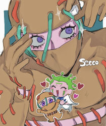 2boys blush bodysuit brown_bodysuit brown_gloves character_name chibi chibi_inset cioccolata eyelashes facepaint food gloves green_background green_hair highres holding holding_food jojo_no_kimyou_na_bouken looking_at_food male_focus matubaru_chan medical_scrubs multiple_boys purple_eyes purple_lips seams secco solo_focus sparkle sugar_cube vento_aureo