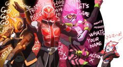 Rule 34 | 4boys, armor, belt, belt-san, black eyes, drive driver, english text, eyecon, flame style, gamer driver, ghost driver, gloves, helmet, holding, holding microphone, hood, hooded jacket, horns, jacket, jewelry, kamen rider, kamen rider drive, kamen rider drive (series), kamen rider ex-aid, kamen rider ex-aid (series), kamen rider ghost, kamen rider ghost (series), kamen rider wizard, kamen rider wizard (series), male focus, microphone, mighty action x level 2, mio (jian wei), multiple boys, music, ore damashii, red armor, red eyes, rider belt, ring, shift car, singing, single horn, tailcoat, tokusatsu, type speed, unused tire, wizardriver