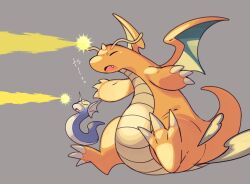 Rule 34 | animal focus, antennae, attack, blue skin, claws, closed eyes, colored skin, commentary request, dragon, dragon tail, dragon wings, dragonite, dratini, fang, full body, gen 1 pokemon, grey background, highres, horns, mamebato, nintendo, no humans, open mouth, orange skin, pokemon, pokemon (creature), pokemon focus, single horn, tail, wings