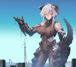 1girl absurdres ahoge bare_shoulders bodysuit breasts building city cityscape covered_navel dated destruction giant giantess grey_hair hair_between_eyes headgear highres large_breasts looking_at_viewer m004_(natsukaze_shigure) mecha_musume mechanical_tail natsukaze_shigure original red_eyes sidelocks sky skyscraper smile solo tail variant_set