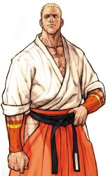 1boy blonde_hair blue_eyes capcom_vs_snk capcom_vs_snk_2 dougi fatal_fury game_cg geese_howard hakama hakama_skirt highres japanese_clothes looking_to_the_side male_focus martial_arts_belt muscular nishimura_kinu non-web_source official_art red_hakama skirt smile snk solo wrist_guards