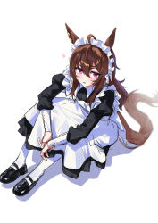 1girl absurdres ahoge alternate_costume anger_vein animal_ears apron black_dress black_shoes brown_hair clenched_teeth dress enmaided full_body gul_(parfaitgul) hair_between_eyes highres horse_ears horse_girl horse_tail juliet_sleeves light_blush long_hair long_sleeves looking_at_viewer maid maid_apron maid_headdress nakayama_festa_(umamusume) pantyhose puffy_sleeves purple_eyes shadow shoes simple_background sitting solo sweatdrop tail teeth umamusume v-shaped_eyebrows white_background white_pantyhose