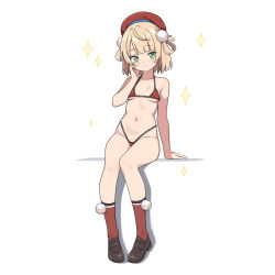 1girl bare_shoulders beret bikini blonde_hair blush breasts commentary_request detached_collar green_eyes hat hatsunatsu indie_virtual_youtuber loafers loli long_sleeves looking_at_viewer medium_hair navel red_bikini red_socks shigure_ui_(vtuber) shoes sideboob sitting small_breasts smile socks solo stomach swimsuit twintails underboob virtual_youtuber white_background