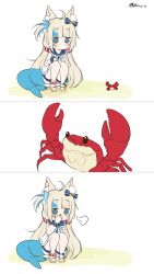 Rule 34 | 1girl, absurdres, ahoge, animal ear fluff, animal ears, blonde hair, blue eyes, blue hair, blue streaks, cat ears, crab, dress, fins, fish girl, fish tail, highres, indie virtual youtuber, innertube hair ornament, kobayashi-san chi no maidragon, lifebuoy hair ornament, long hair, looking at viewer, low twintails, multicolored hair, sameko saba, sleeveless, solo, streaked hair, tail, twintails, very long hair, virtual youtuber, white dress, zeiro z